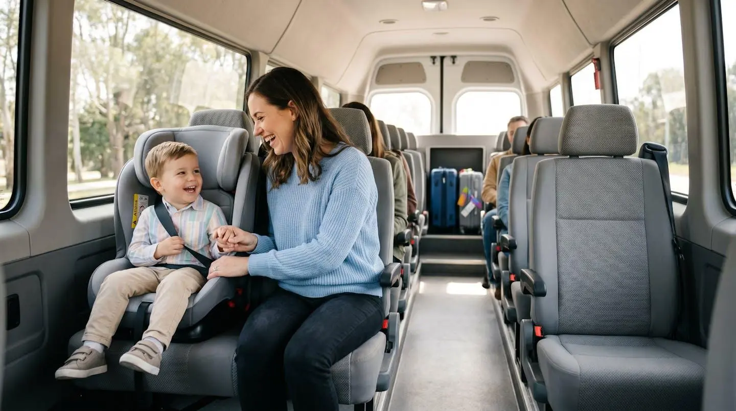 Intérieur d'une navette aéroportuaire moderne avec une mère installant son enfant dans un siège auto sécurisé, sièges confortables et espace bagages visible.