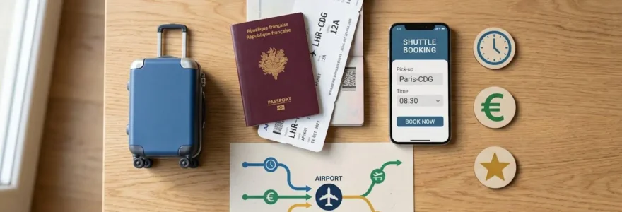 Vue de dessus d'une table en bois avec un passeport ouvert, un smartphone affichant une application de navette, une carte d'itinéraires vers l'aéroport et des icônes symbolisant les critères de choix (temps, prix, qualité).
