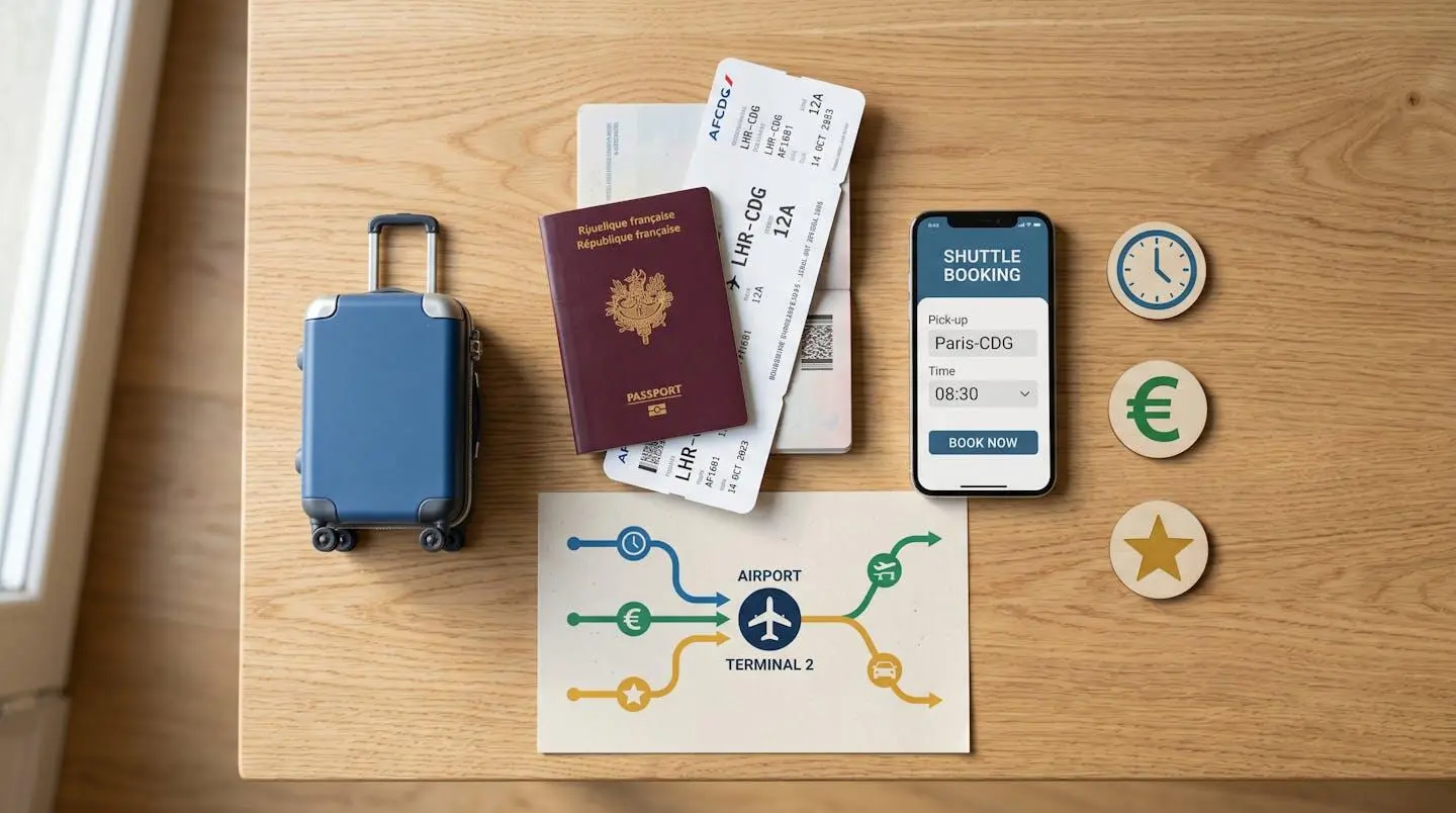 Vue de dessus d'une table en bois avec un passeport ouvert, un smartphone affichant une application de navette, une carte d'itinéraires vers l'aéroport et des icônes symbolisant les critères de choix (temps, prix, qualité).